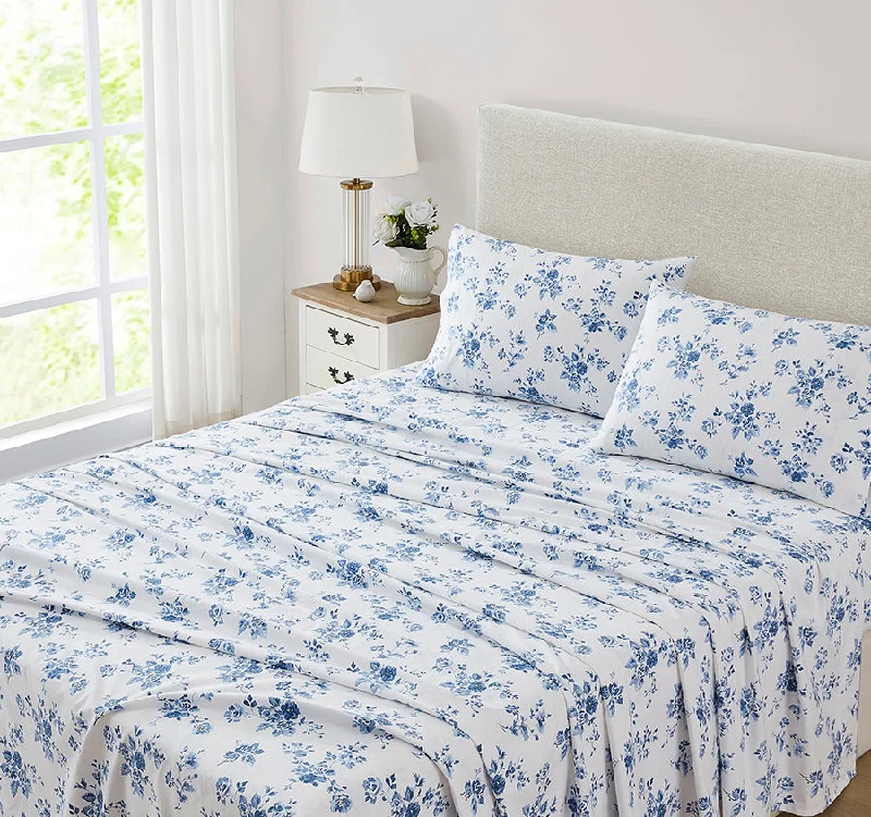 Organic Flannel Sheets for a Natural and Warm SleepChina Rose Printed Flannelette Cotton Sheet Set Range Midnight Blue