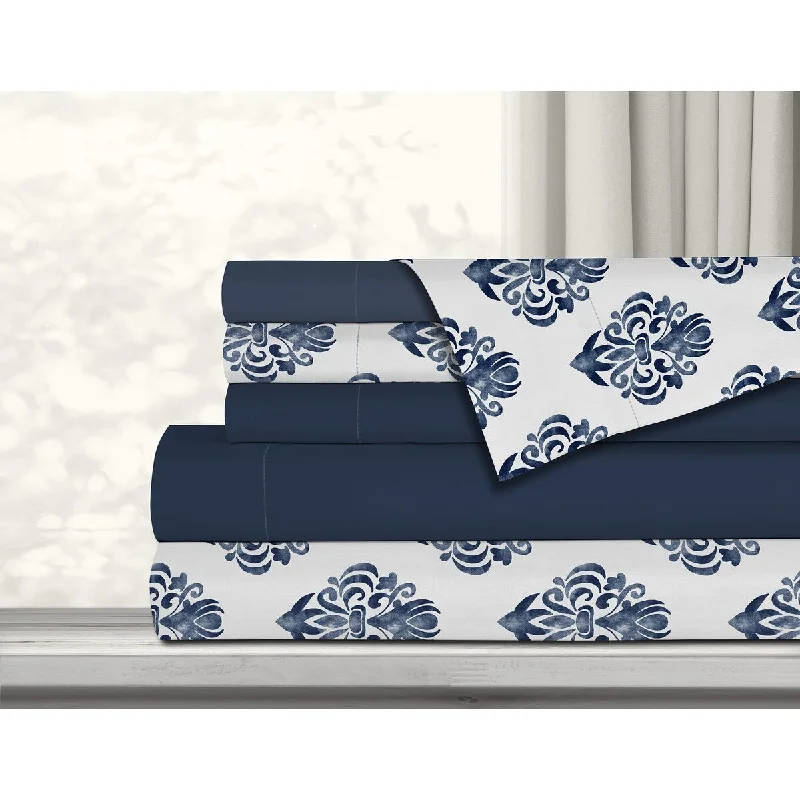 Hypoallergenic Silk Sheets for Sensitive SleepersAntibacterial Printed Solid 6 Piece Double Navy Sheet Set