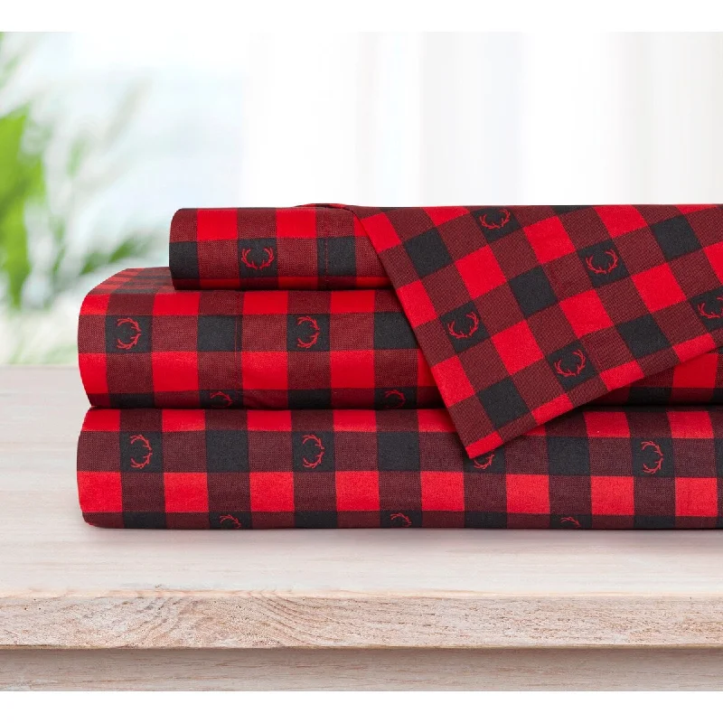 Linen - Cotton Blend Sheets for a Natural and Versatile OptionPrinted 4 Piece Queen Buffalo Plaid Deer Antlers Sheet Set