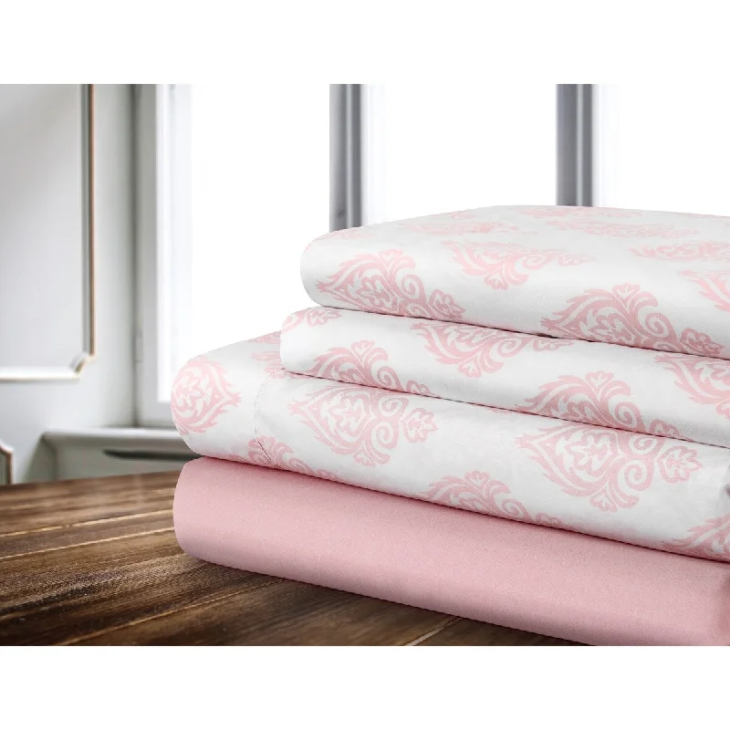 Polyester - Cotton Blend Sheets for Durability and ComfortSheet Sets 4PC D Printed Microfiber Damask Solid Pink