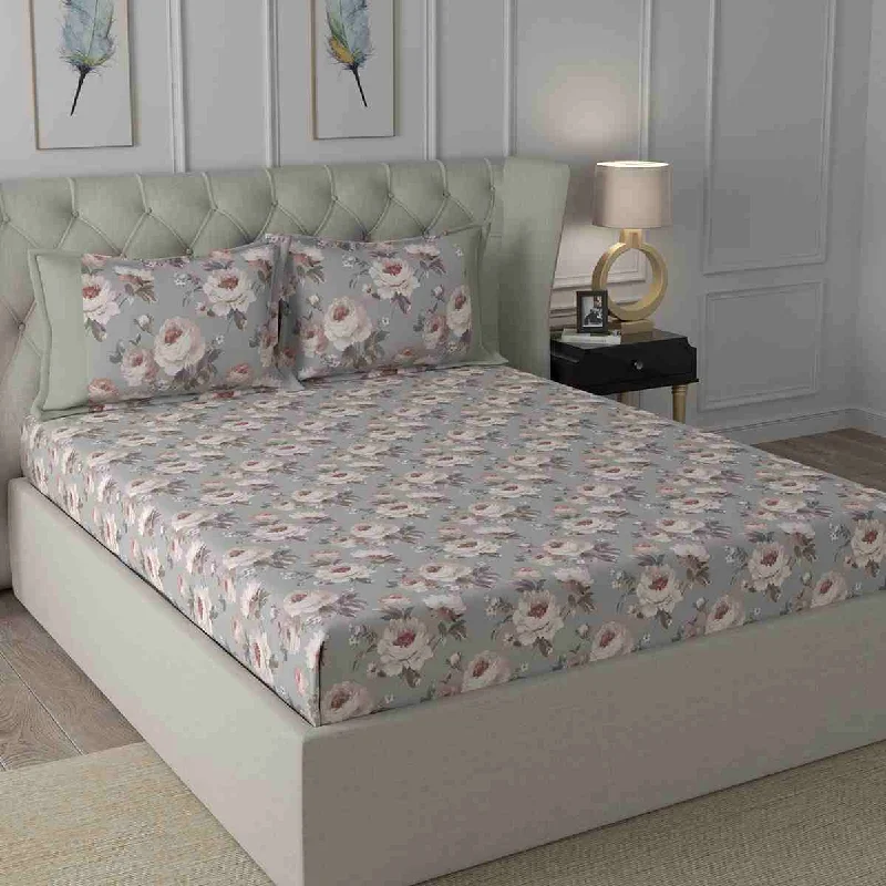 Queen - Size Sheet Sets with a European Pillowcase SetRegency Bouquet Printed 210TC 100 %Cotton Pink Bed Sheet