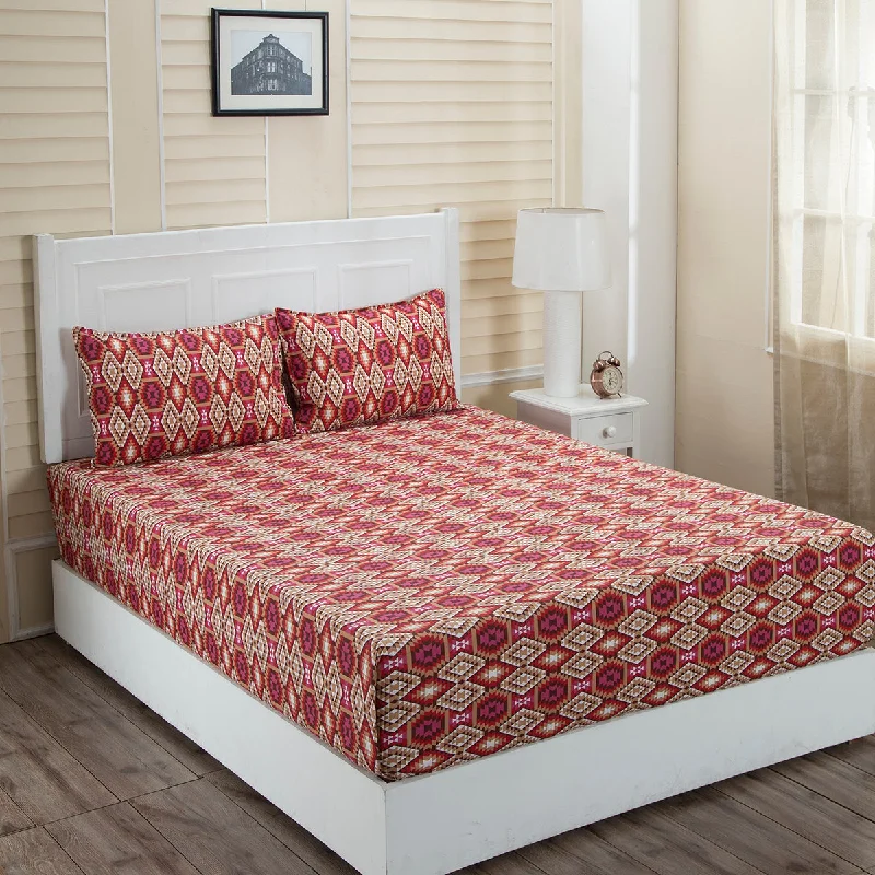 Queen - Size Sheet Sets with a European Pillowcase SetDonatella Aztec Printed 144 TC 100% Cotton Red Bed Sheet