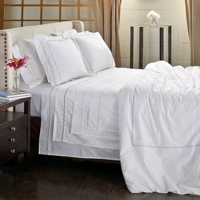 Queen - Size Sheet Sets with a European Pillowcase SetScallop Embroidery 300 Thread Count Cotton Percale Sheet Set