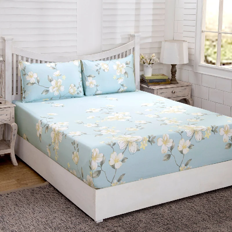 Queen - Size Sheet Sets with a European Pillowcase SetEssence Brielle Printed 200 TC 100% Cotton Blue Bed Sheet