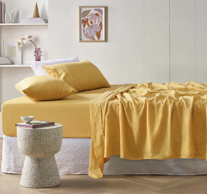 Thermal - Regulating Bamboo Sheets for All - Season ComfortStonewashed French Linen Mega Sheet Set Range Ochre