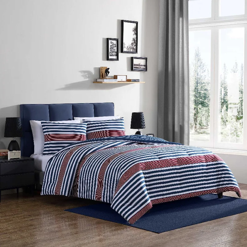 Synthetic - filled comforters like polyester for affordability and hypoallergenic propertiesNautica Kennedy Stripe Navy King Comforter & Sham Set